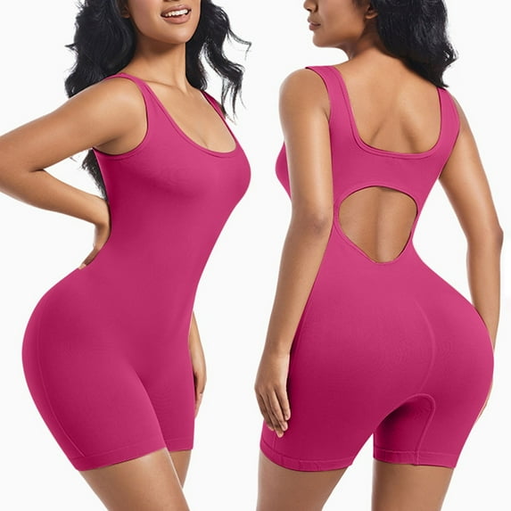 BLTIBY Shorts Bodysuit for Women Tummy Control Solid Color Shapewear Seamless Workout Bodycon One Piece Short Jumpsuits Hot Pink M