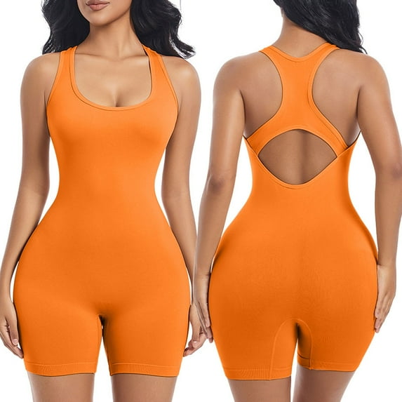 BLTIBY Shorts Bodysuit for Women Tummy Control Solid Color Shapewear Seamless Workout Bodycon One Piece Short Jumpsuits Orange 2 M
