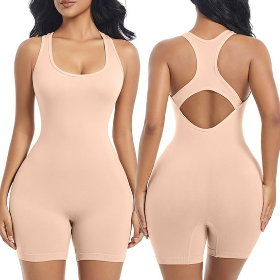 BLTIBY Shorts Bodysuit for Women Tummy Control Solid Color Shapewear Seamless Workout Bodycon One Piece Short Jumpsuits Yellow 2 L