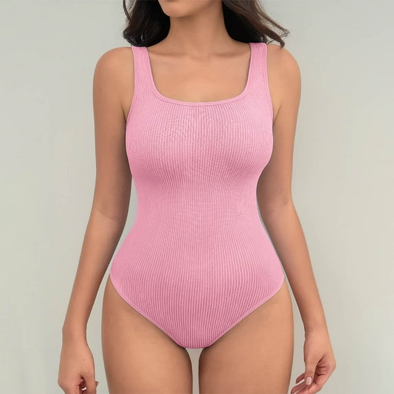 BLTIBY Sleeveless Bodysuit for Women Square Neck Solid Color Thong Jumpsuit Tummy Control Seamless Shapewear Fashion Basic Bodysuits Hot Pink XXL