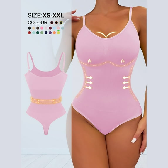 BLTIBY Sleeveless Bodysuit for Women V Neck Solid Color Thong Jumpsuit Tummy Control Seamless Shapewear Fashion Bodysuits Pink XS