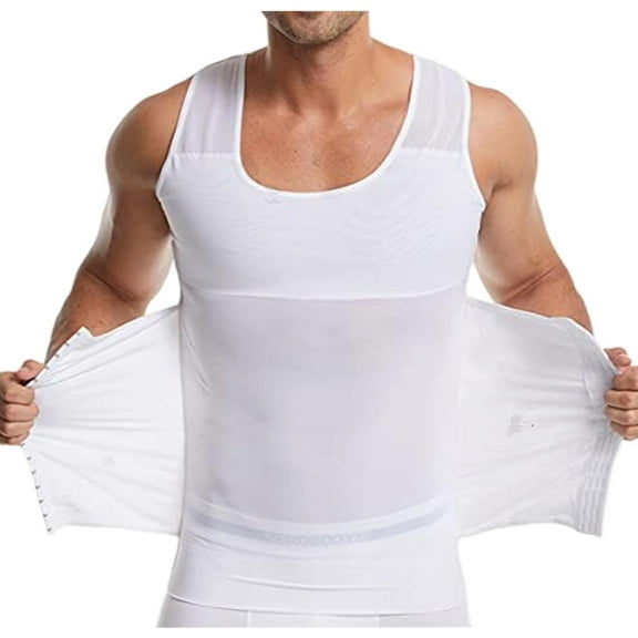 BLTIBY Slimming Vest Tops for Men Tummy Control Body Shaper Sleeveless Chest Gynecomastia T Shirts Waist Trainer with Belt Shapewear Tank Top White 3XL