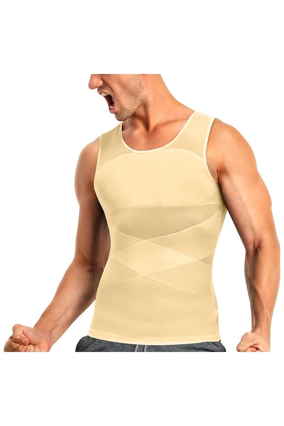 Slimming Vest Tops for Men Tummy Control Body Shaper Sleeveless Chest Gynecomastia T Shirts Waist Trainer Shapewear Tank Top Beige M