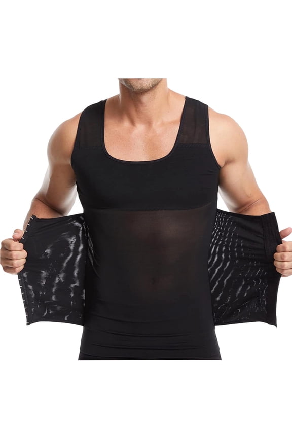 Slimming Vest Tops for Men Tummy Control Body Shaper Sleeveless Chest Gynecomastia T Shirts Waist Trainer with Belt Shapewear Tank Top Black L