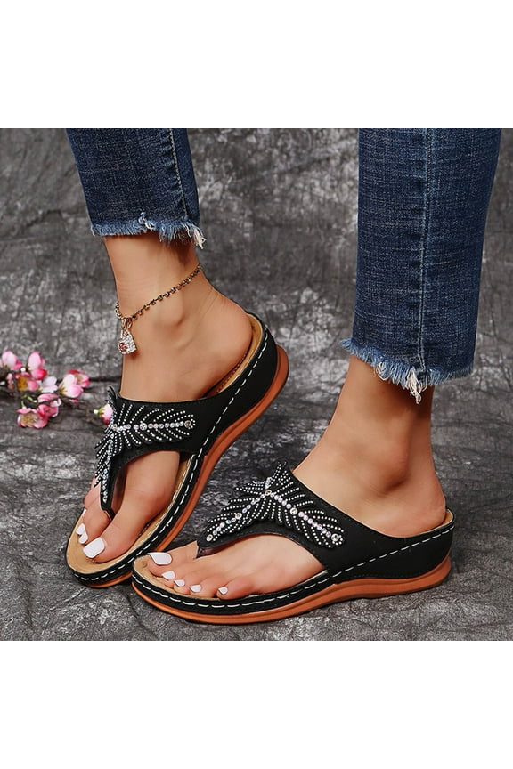 Slippers for Women 2025 Wedge Comfortable Orthopedic Sandals Ladies Retro Dressy Summer Flip Flops Casual Walking Wedges Black 37