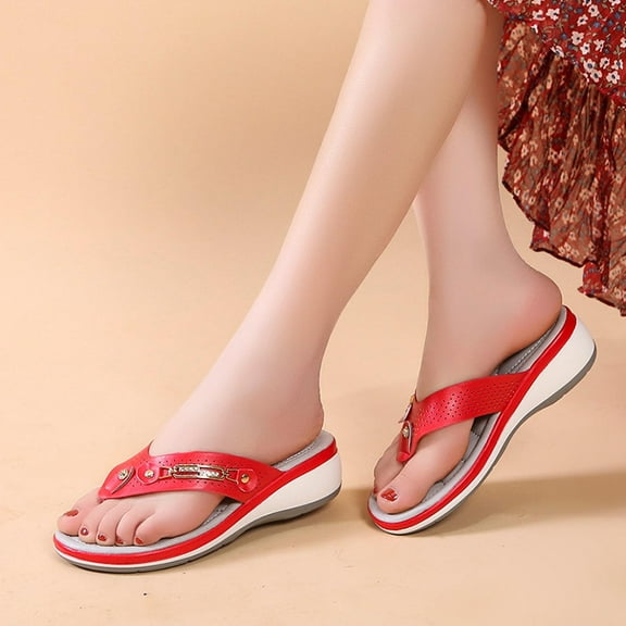 BLTIBY Slippers for Women Wedge Comfortable Orthopedic Sandals Ladies Retro Dressy Summer Flip Flops Casual Walking Wedges 2025 Red 38