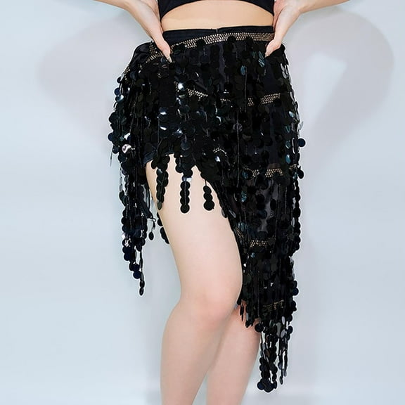 BLTIBY Sparkly Sequin Skirt for Women Fringe Hip Scarf Tassel Belly Dance Skirts Party Rave Festival Outfits Costumes Black Free Size
