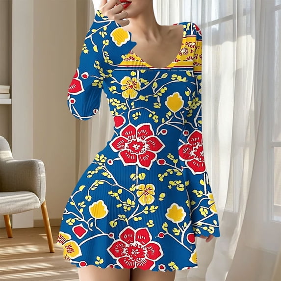 BLTIBY Spring Sweater Dresses for Women Ribbed Knit Long Sleeve Mini Dress Casual Bodycon A-Line V Neck Printed Short Dresses Blue 2 S