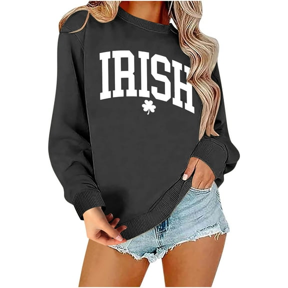 BLTIBY St. Patrick's Day Sweatshirt for Women Lucky Shamrock Printed Round Neck Long Sleeve Irish Shirt Ireland Fashion Pullover Tops Dark Gray 2 M
