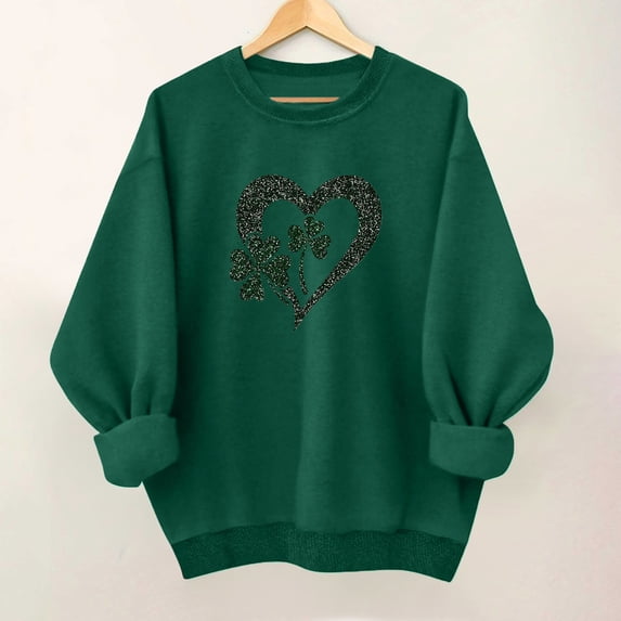BLTIBY St. Patrick's Day Sweatshirts for Women Shamrock Clover Printed Crew Neck Long Sleeve Shirts Irish Blouse Casual Fashion Pullover Top Green 5 M