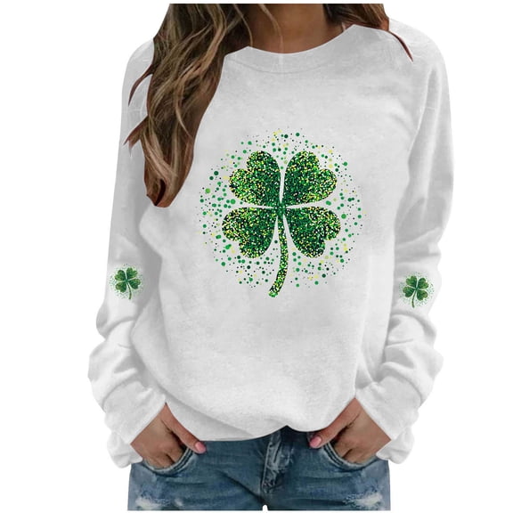 BLTIBY St. Patrick's Day Sweatshirts for Women Shamrock Clover Printed Crew Neck Long Sleeve Shirts Irish Gift Blouse Fashion Pullover Tops White 2 XXL