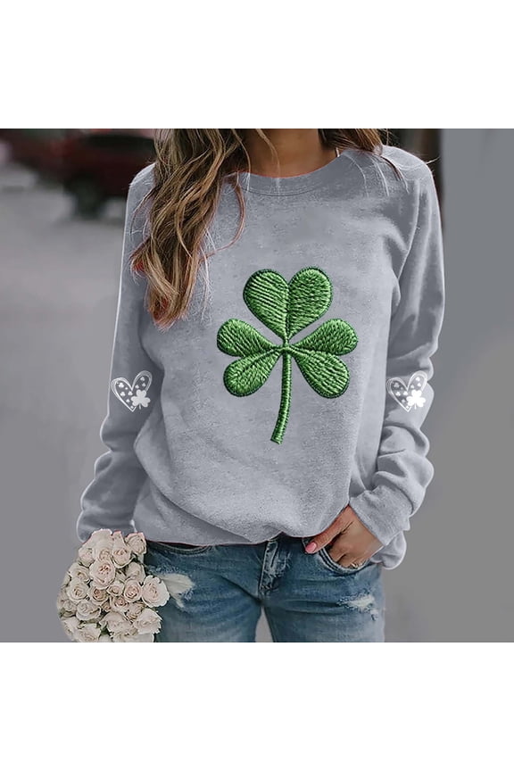 St. Patrick's Day Sweatshirts for Women Shamrock Clover Printed Round Neck Long Sleeve Shirts Irish Blouse Casual Fashion Pullover Top Gray 4 XS