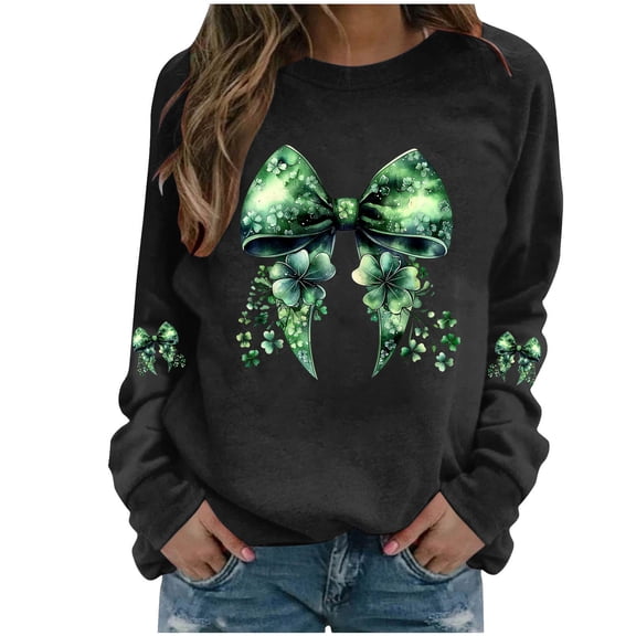 BLTIBY St. Patrick's Day Sweatshirts for Women Shamrock Clover Printed Crew Neck Long Sleeve Shirts Irish Gift Blouse Fashion Pullover Tops Black XXL