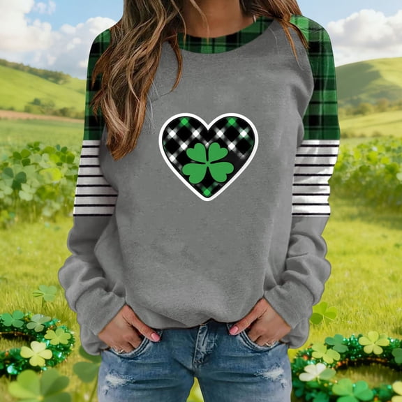 BLTIBY St. Patrick's Day Sweatshirts for Women Shamrock Clover Printed Round Neck Long Sleeve Shirts Irish Blouse Fashion Pullover Top Gray 4 M