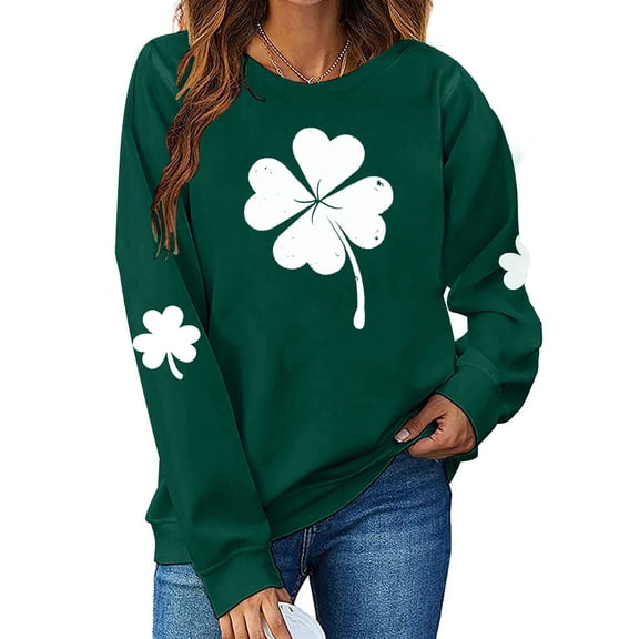 BLTIBY St Patricks Day Sweatshirt for Women Autumn Spring Lucky Printed Round Neck Long Sleeve Causal Fashion Pullover Tops Green 4 XS