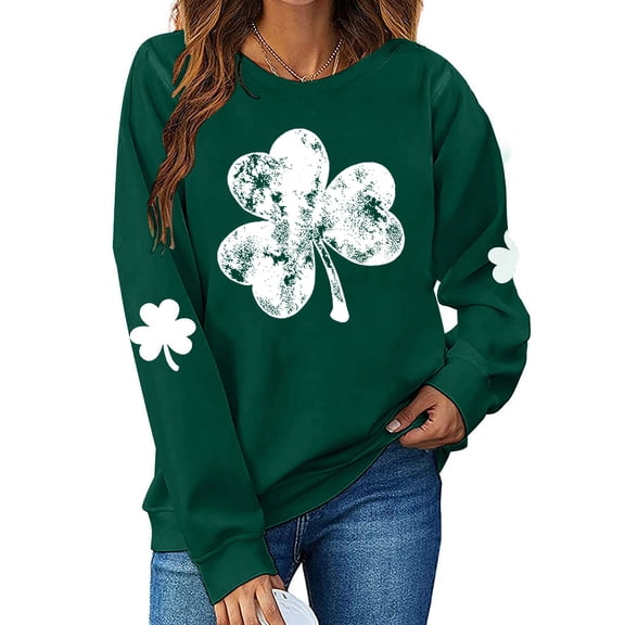 BLTIBY St Patricks Day Sweatshirt for Women Autumn Spring Lucky Printed Round Neck Long Sleeve Causal Fashion Pullover Tops Green L