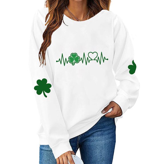 BLTIBY St Patricks Day Sweatshirt for Women Spring Autumn Lucky Printed Long Sleeve Round Neck Fashion Causal Comfy Pullover Tops 2025 White 5 L