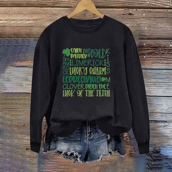 BLTIBY St Patricks Day Sweatshirt for Women Spring Fall Lucky Printed Long Sleeve Round Neck Fashion Causal Pullover Tops 2025 Black 3 S