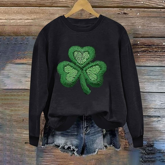BLTIBY St Patricks Day Sweatshirt for Women Spring Fall Lucky Printed Long Sleeve Round Neck Fashion Causal Pullover Tops 2025 Black XXL