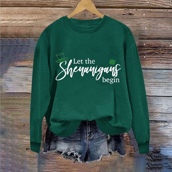BLTIBY St Patricks Day Sweatshirt for Women Spring Fall Lucky Printed Long Sleeve Round Neck Fashion Causal Pullover Tops 2025 Green 2 XL