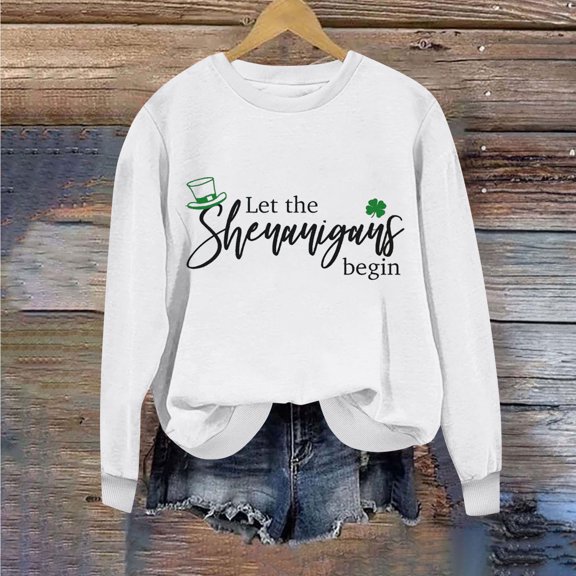 BLTIBY St Patricks Day Sweatshirt for Women Spring Fall Lucky Printed Long Sleeve Round Neck Fashion Causal Pullover Tops 2025 White 2 S