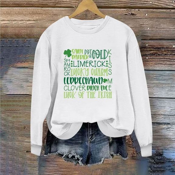 BLTIBY St Patricks Day Sweatshirt for Women Spring Fall Lucky Printed Long Sleeve Round Neck Fashion Causal Pullover Tops 2025 White 3 M
