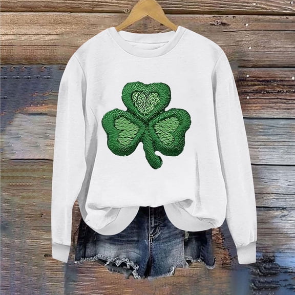BLTIBY St Patricks Day Sweatshirt for Women Spring Fall Lucky Printed Long Sleeve Round Neck Fashion Causal Pullover Tops 2025 White XXL