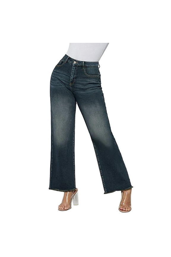 Straight Leg Boyfriend Jeans for Women Spring Summer Button High Waisted Baggy Fashion Stretch Casual Long Denim Pants Slouchy with Pockets 2024 Blue L