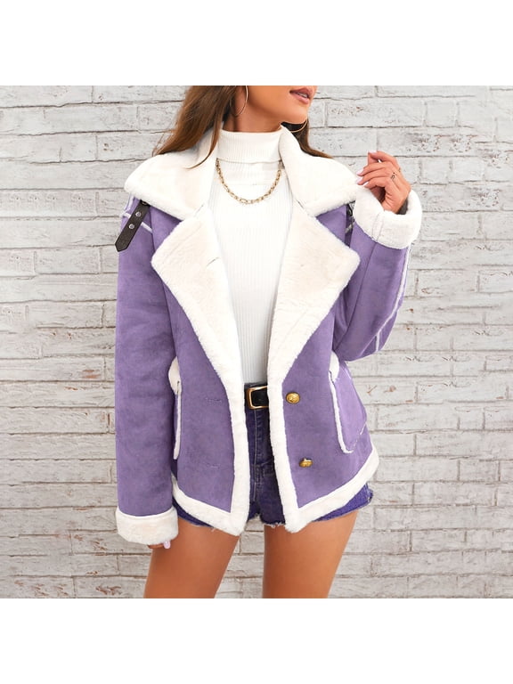 Suede Jacket for Women Fall Einter Retro Fuzzy Fleece Lapel Plush Jackets Faux Sherpa Lined Button Down Coat Punk Cropped Winter Warm Outerwear with Pockets Purple XL
