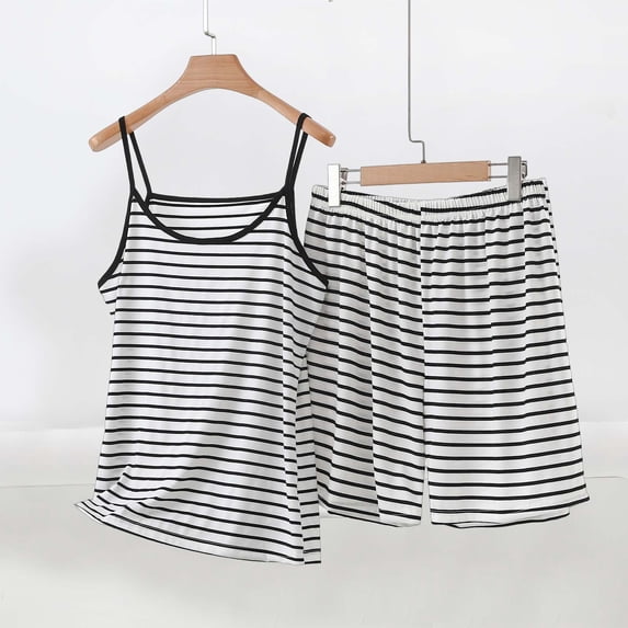 BLTIBY Summer 2 Piece Set Stripe Printed Sleeveless Tank Top Shorts Sets Casual Lounge Matching Outfits Black 2 5XL