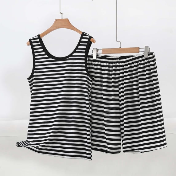 BLTIBY Summer 2 Piece Set Stripe Printed Sleeveless Tank Top Shorts Sets Casual Lounge Matching Outfits Silver XXL
