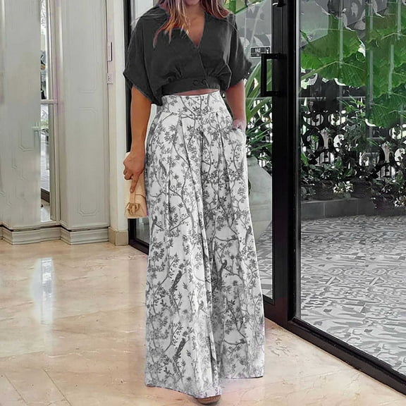 BLTIBY Summer 2 Piece Sets for Women Fashion Casual Short Sleeve V Neck Tops Matching Print Wide Leg Pants Set Business Suit Black S