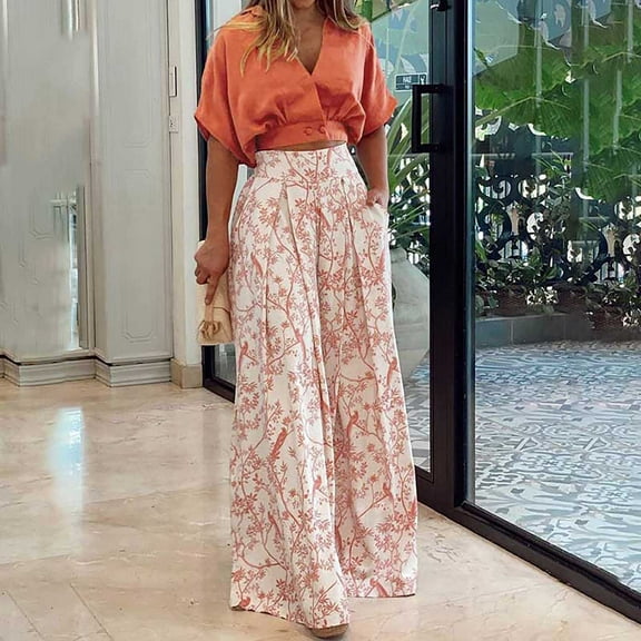 BLTIBY Summer 2 Piece Sets for Women Fashion Casual Short Sleeve V Neck Tops Matching Print Wide Leg Pants Set Business Suit Orange XXL