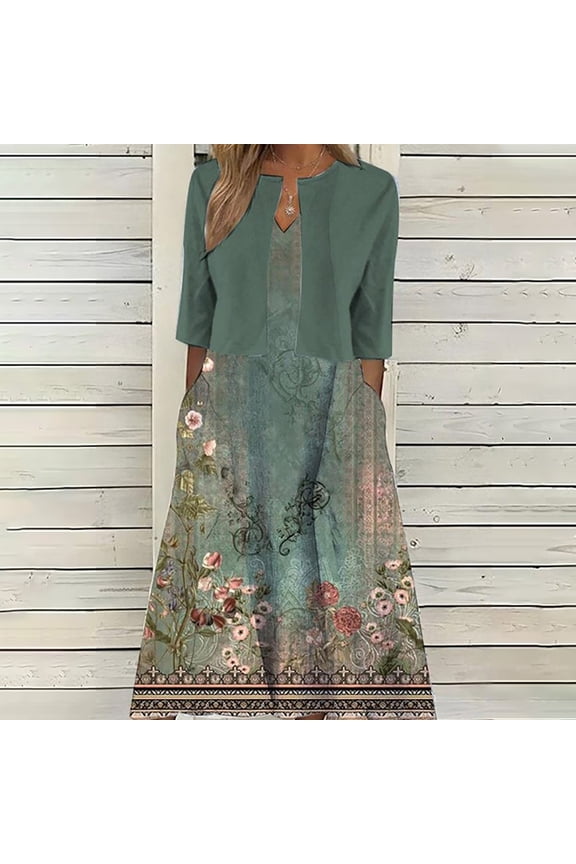 Summer Dress for Womens 2025 Floral Boho Two Piece Dresses with Cardigan Sleeveless V Neck Flowy A-Line Maxi Dress Army Green XL