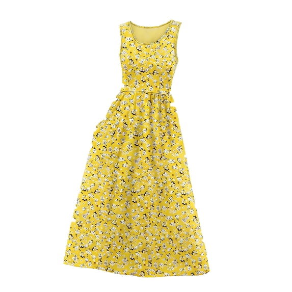 BLTIBY Summer Dresses for Women Flowy Casual Round Neck Sleeveless Printed Midi Dress Beach Vacation Sundresses with Pockets Yellow S