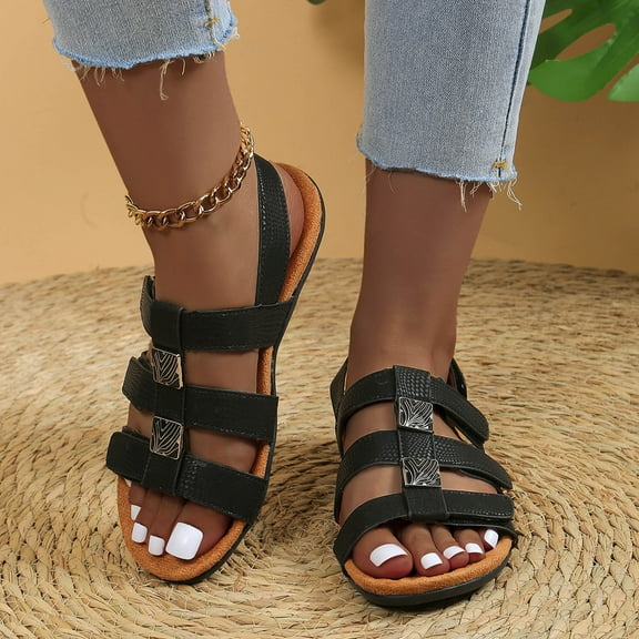 BLTIBY Summer Sandals for Womens Fish Mouth Belt Buckle Roman Hollow Female Open Toe Shoes Plus Size Fashion Comfortable Sandal Black 35