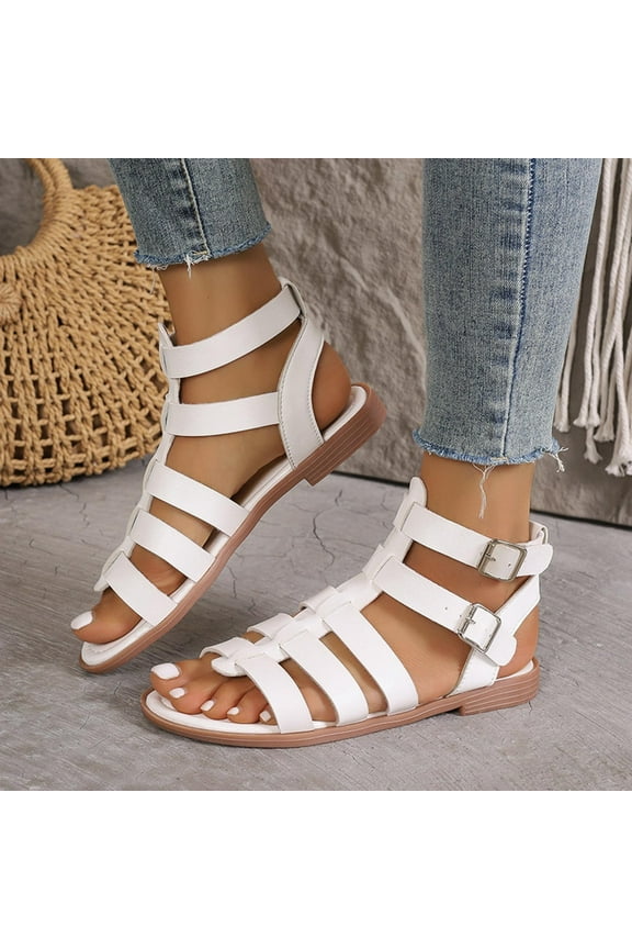 Summer Sandals for Womens Fish Mouth Belt Buckle Roman Hollow Female Peep Toe Shoes Plus Size Fashion White 35