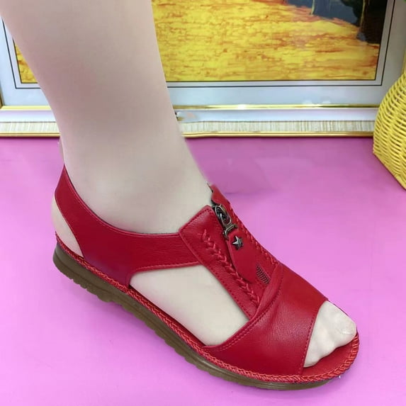 BLTIBY Summer Wedge Sandals for Women Fashion Casual Fish Mouth Open Toe Buckle Hollow Roman Sandal Solid Color Comfortable Outdoor Ladies Flat Shoes 2025 Red 7.5