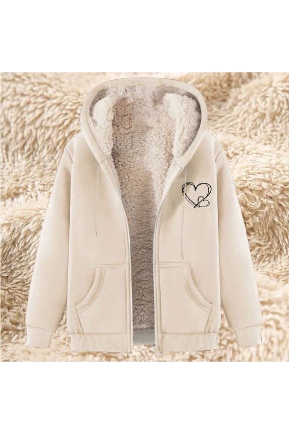 Sweatshirt Hoodies for Women Winter Fleece Zip Up Drawstring Thick Sherpa Lined Heart Printed Hooded Jacket with Pockets Beige XXL