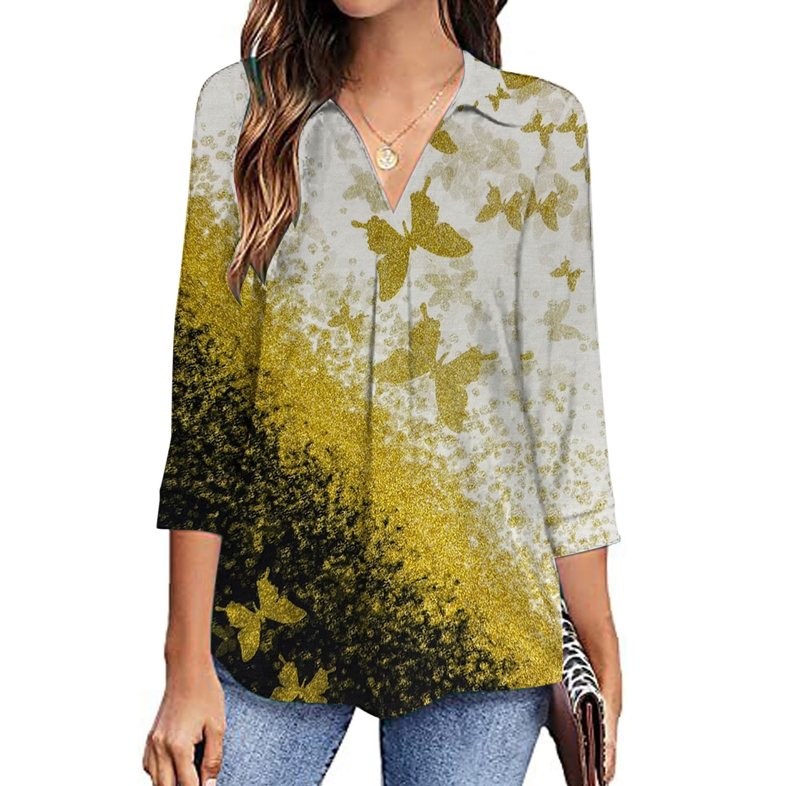 MOQIVGI Women's V-Neck Printed Tunic Top - Loose Fit Blouse For Casual Wear