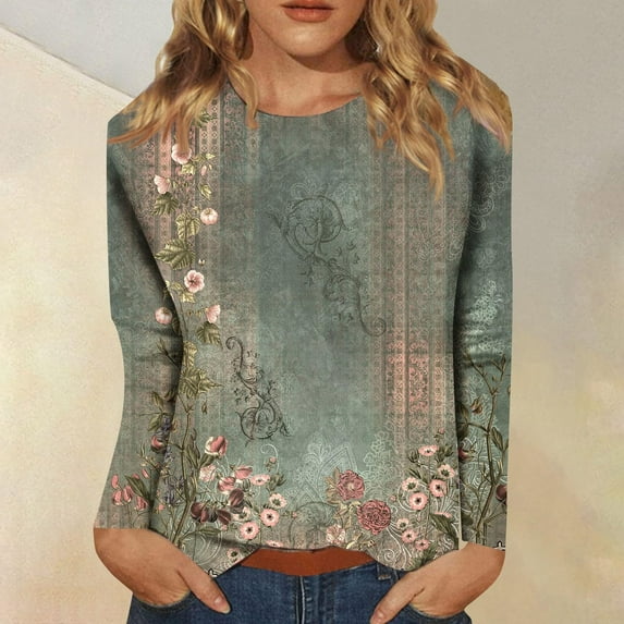 BLTIBY Sweatshirts for Women Autumn Long Sleeve Round Neck Printed Pullover Shirts Tunic Tops Fashion Casual Loose Army Green XL