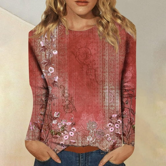 BLTIBY Sweatshirts for Women Autumn Long Sleeve Round Neck Printed Pullover Shirts Tunic Tops Fashion Casual Loose Wine M