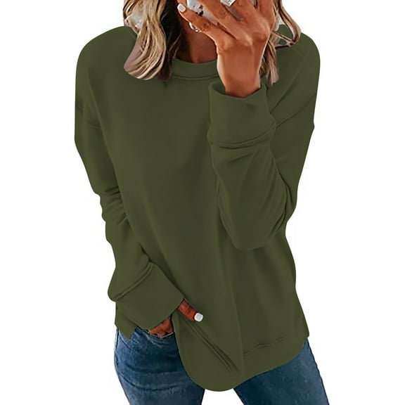 BLTIBY Sweatshirts for Women Autumn Long Sleeve Round Neck Solid Color Pullover Shirts Tops Fashion Casual Loose Soft 2024 Army Green S