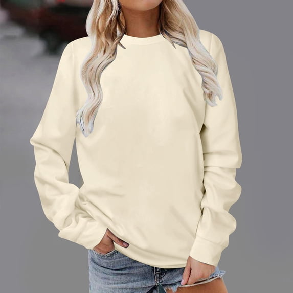 BLTIBY Sweatshirts for Women Autumn Winter Long Sleeve Round Neck Solid Colour Pullover Shirts Tunic Tops Loose Casual Soft Beige S