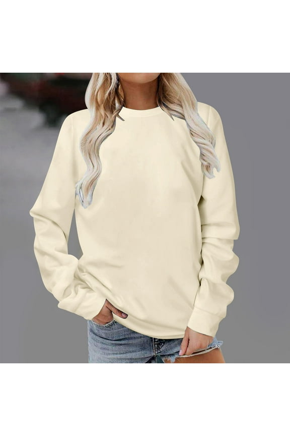 Sweatshirts for Women Autumn Winter Long Sleeve Round Neck Solid Colour Pullover Shirts Tunic Tops Loose Casual Soft Beige XXL
