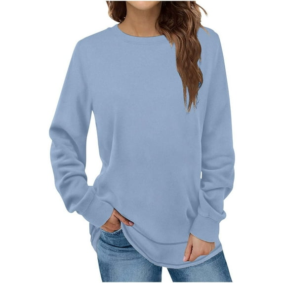 BLTIBY Sweatshirts for Women Crewneck Solid Colour Autumn Winter Long Sleeve Pullover Tops Lightweight Fashion 2024 Blue L