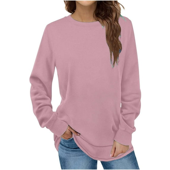 BLTIBY Sweatshirts for Women Crewneck Solid Colour Autumn Winter Long Sleeve Pullover Tops Lightweight Fashion 2024 Pink XXL