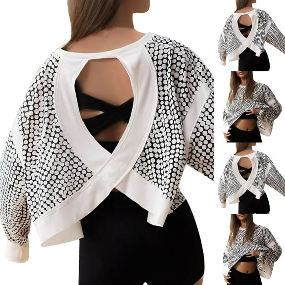 BLTIBY Sweatshirts for Women Printed Trendy Long Sleeve Round Neck Back Cross Hollow-Out Backless Athletic Blouse Tops Multicolor S