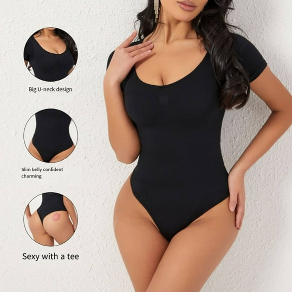 BLTIBY Tank Top Bodysuit for Women Round Neck Solid Color Thong Jumpsuit Tummy Control Seamless Shapewear Fashion Bodysuits Black 2 3XL