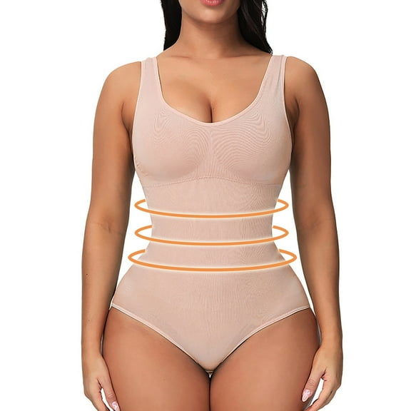 BLTIBY Tank Top Bodysuit for Women U Neck Solid Color Thong Jumpsuit Tummy Control Seamless Shapewear Comfy Fashion Bodysuits Beige S